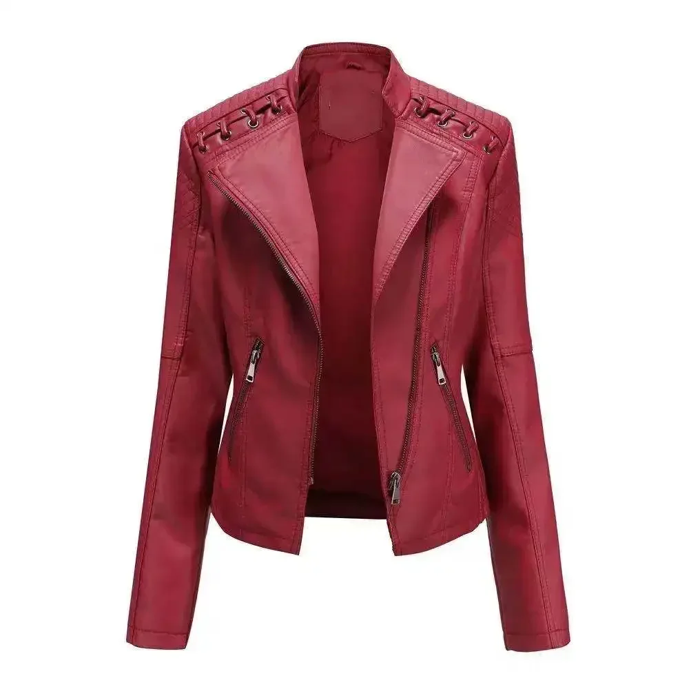 Otoño Invierno Pu chaquetas de cuero de mujer de manga larga con cremallera delgada motocicleta Biker abrigo de cuero suelto prendas de vestir femeninas Tops 4X