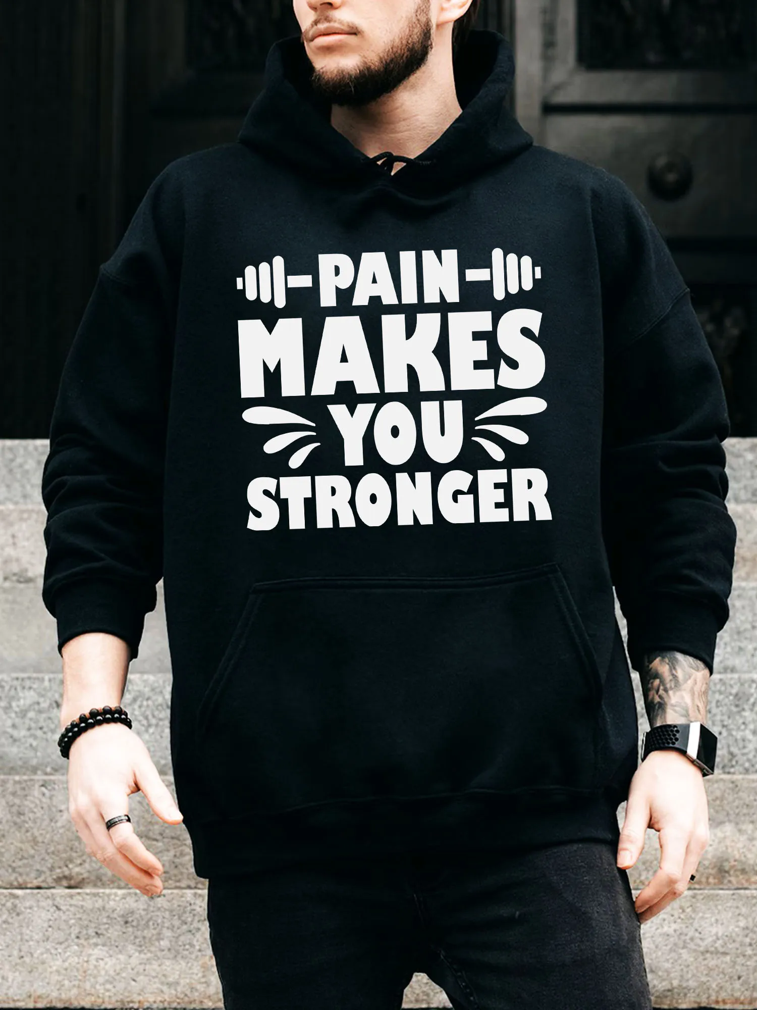 سترة بغطاء رأس برباط للرجال من Pain تجعلك أقوىًا - بلوفر أسود مريح كاجوال، سترة بغطاء للرأس للخريف والشتاء