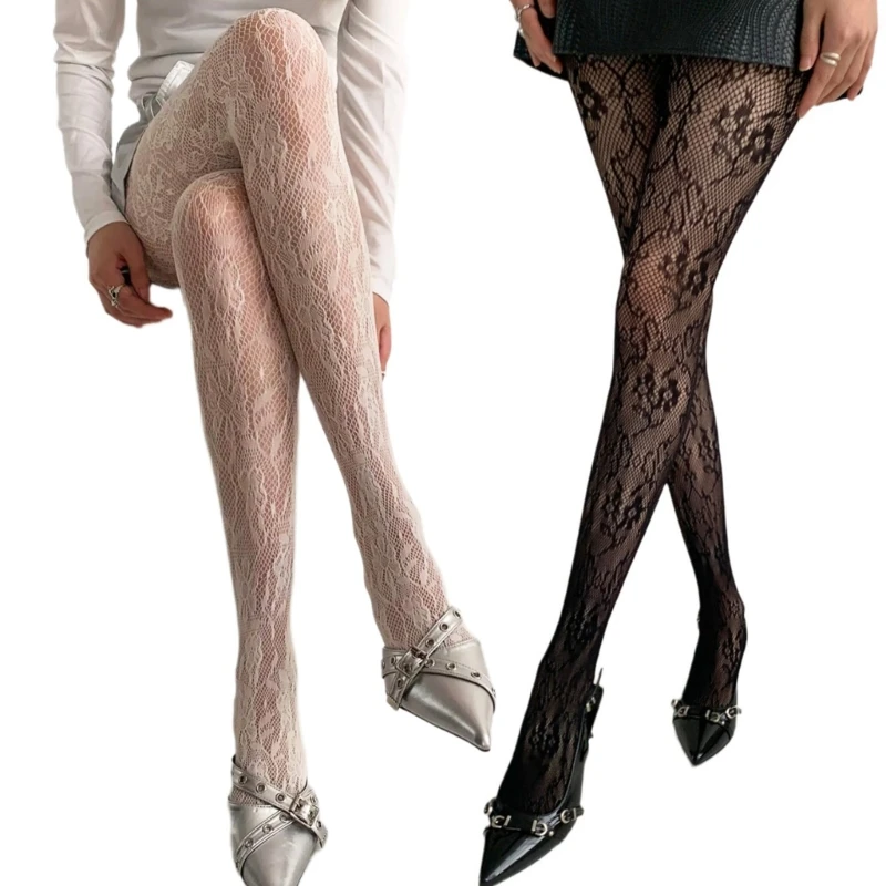 

Women JK Girl Flower Jacquard Pantyhose Hollowed Fishnet Lace Tights Leggings