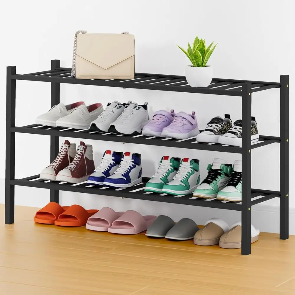 3-Tier Bamboo Shoe Organizer, Thick and Stackable, Wooden Storage Shelf for Entryway and Closet, Black