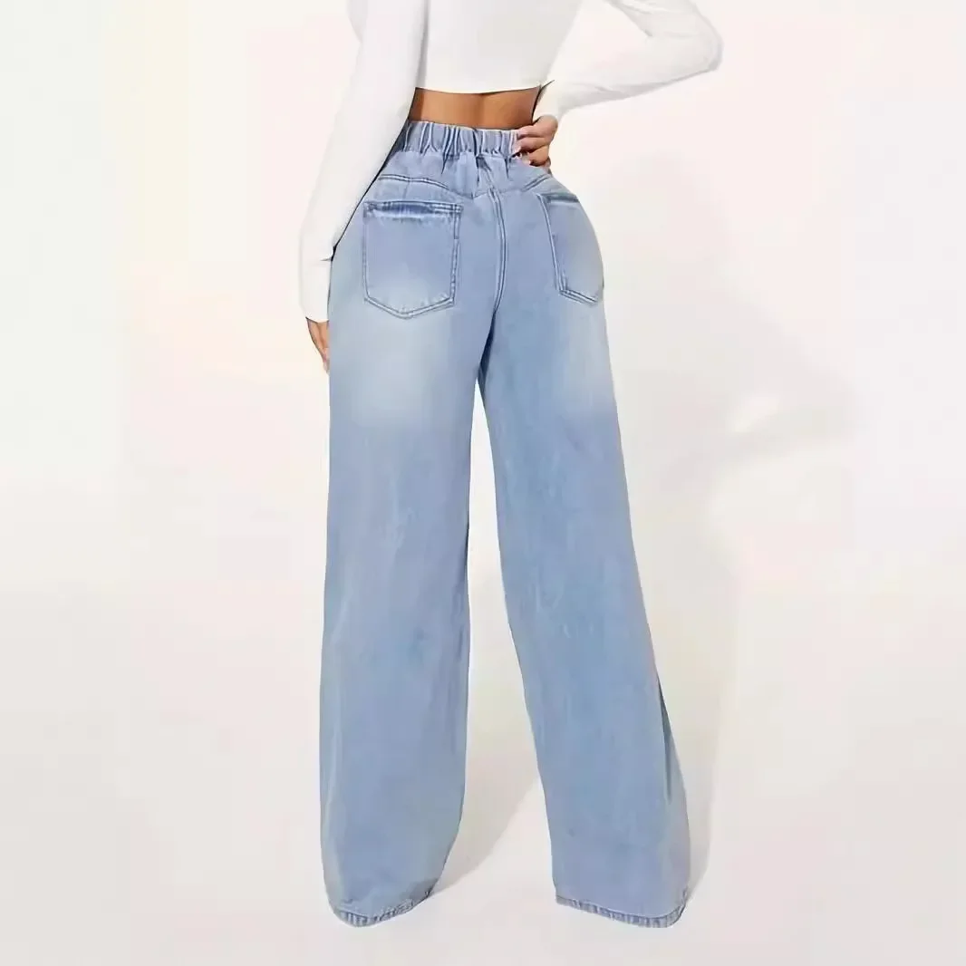 Szerokie spodnie jeansowe damskie vintage dżinsy do ziemi z wysokim stanem, sznurkiem, sprane, postarzane, z kieszeniami, streetwearowe spodnie