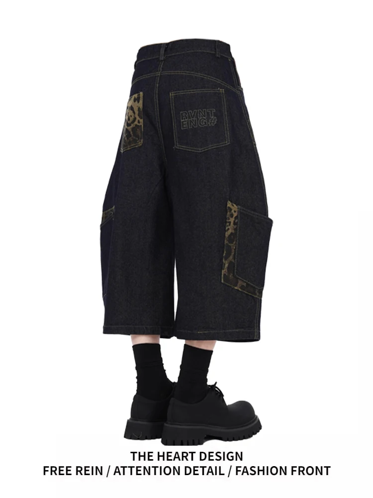 

Американский ретро леопардовый принт в стиле пэчворк, большая рабочая одежда, джинсовая одежда, женские свободные широкие брюки на семь футов