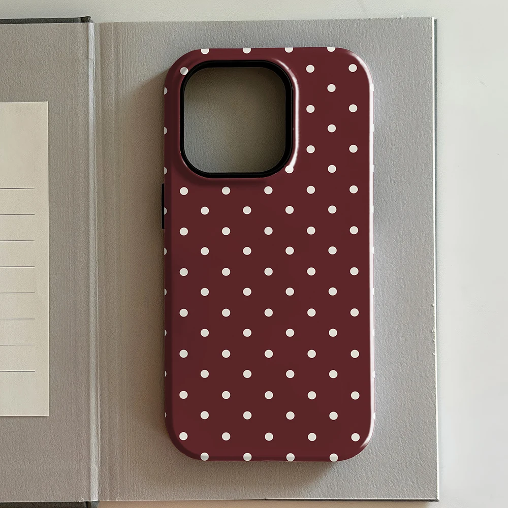 Casing Ponsel Mewah Motif Polkadot Cokelat Merah untuk iPhone 17 16 15 14 13 12 11 X XS XR XSMAX 7 8 Air Pro Max Plus Pelindung Lapis Ganda