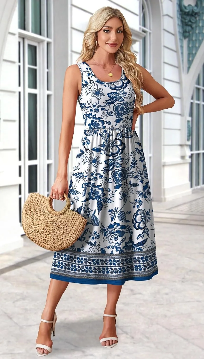 2026 Sommer Neue Kleider für Damen Bedrucktes Lässiges Midikleid Modisches Ärmelloses Rundhals-Strandkleid mit Taschen – Detail 25