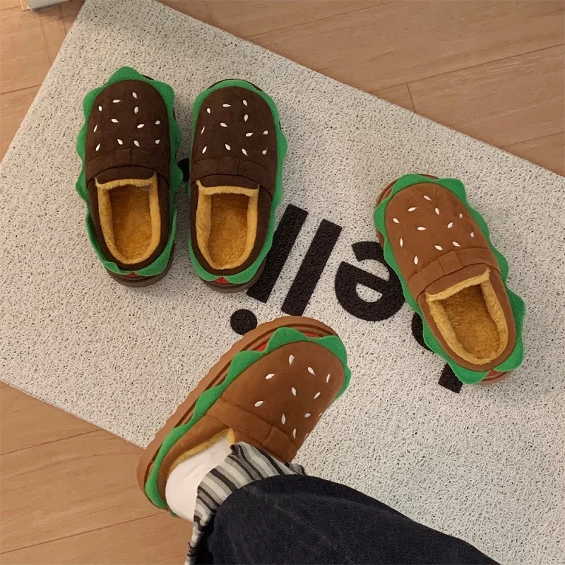 New novelty burger flippers fleece slides shoes for women winter warm fuzzy funny slippers adults hamburger shoes home slipper