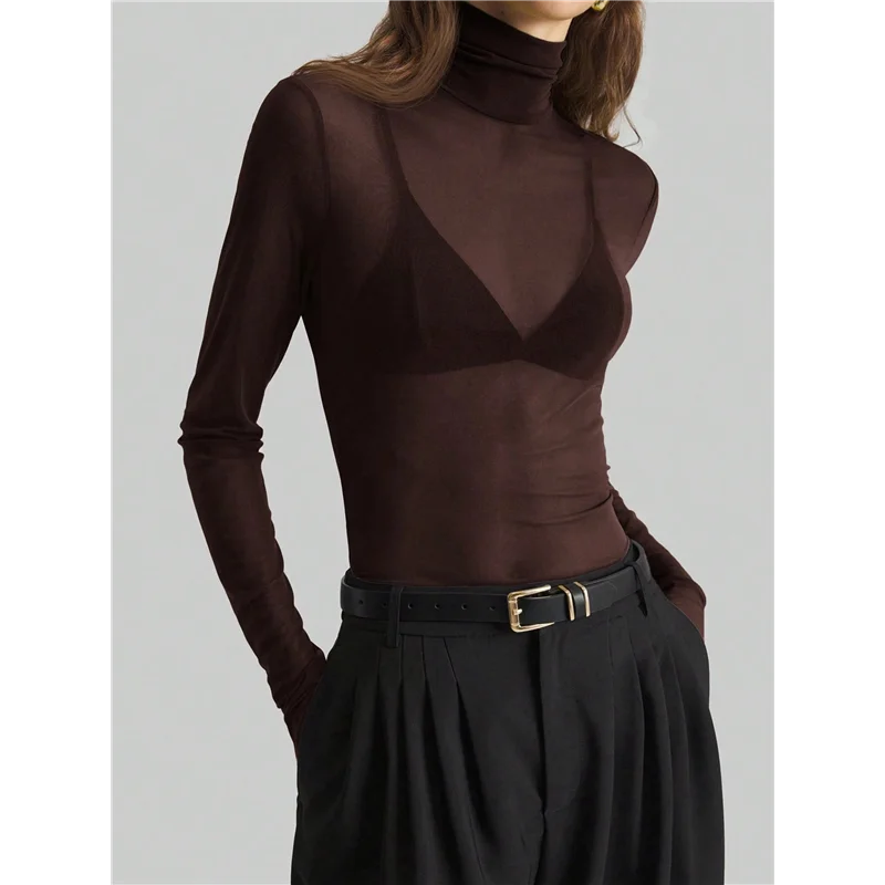 NEW-Women's Stand-Up Collar Solid Color Mesh Slim Long-Sleeved Top, See-Through Shirt