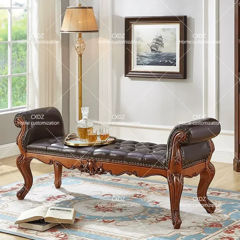 Solid Wood Bedside Stool Leather Bedroom Bench Shoe Changing Stool Entryway Seating Home Furniture