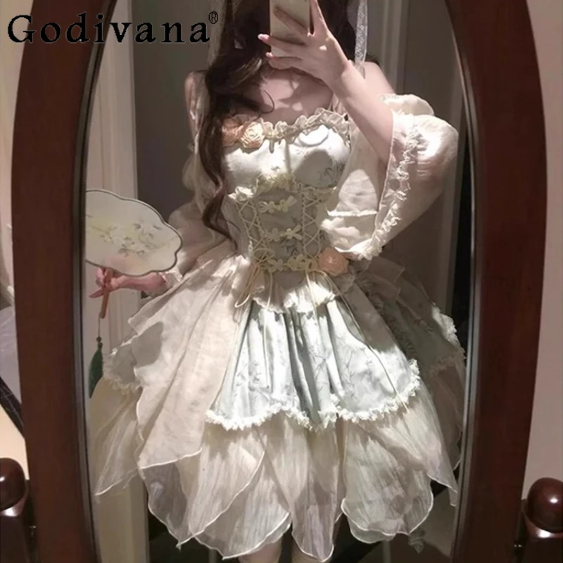 

Chinese Style Ballet Elegant Dress for Women Japanese Fairy Lolita Princess Dress Female Summer Flower Sweet Short Dress