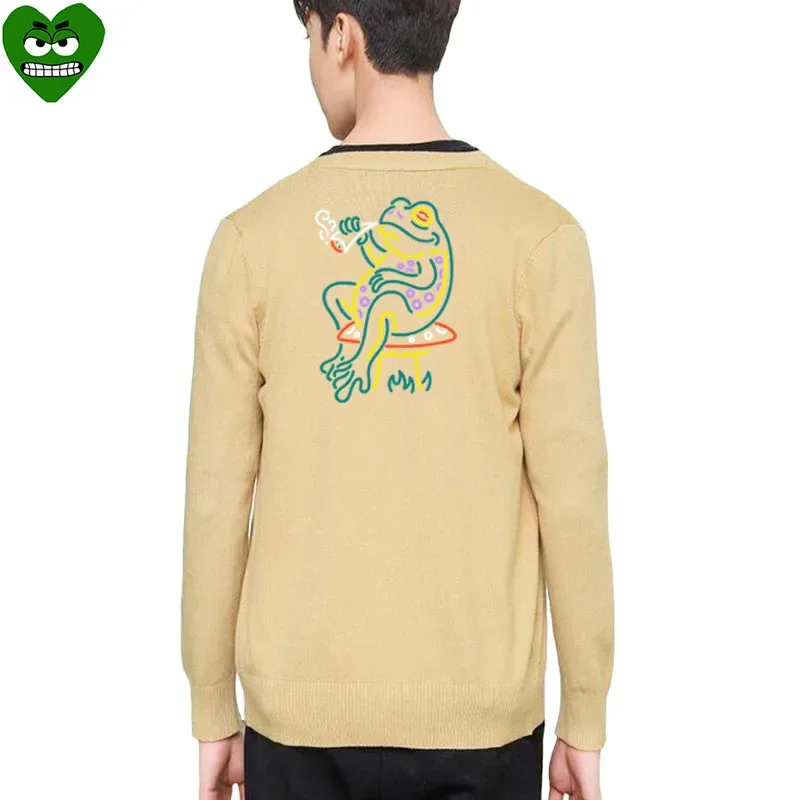 Break Egg Men Open Woolen Sweater Heart Embroidered Frog Print V-neck Single Breasted Long Sleeve Autumn Sweater