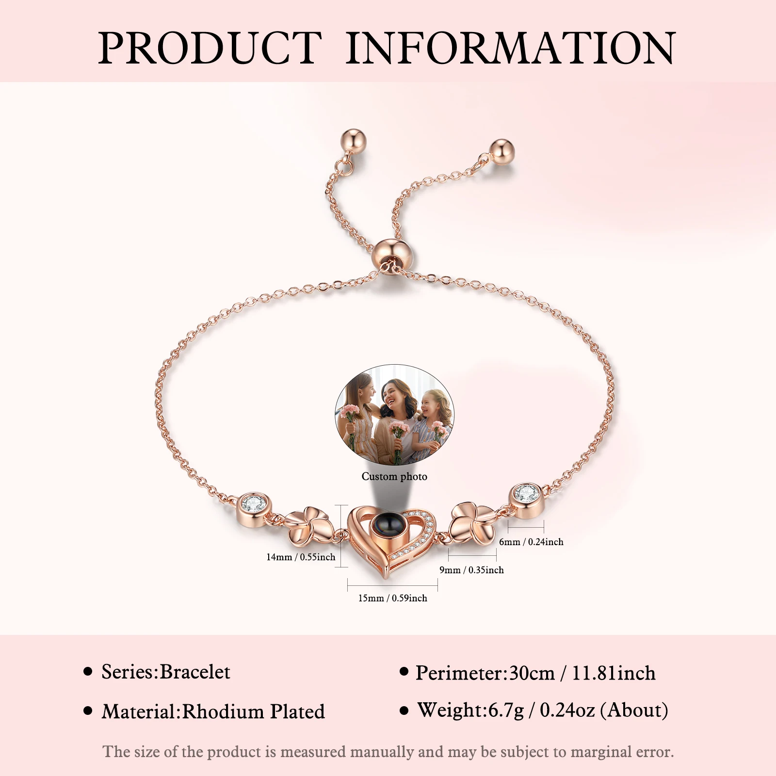 Rose Gold Heart & Flower Custom Photo Projection Bracelet Personalized Memorial Bracelet with Picture Inside Valentines Day Gift