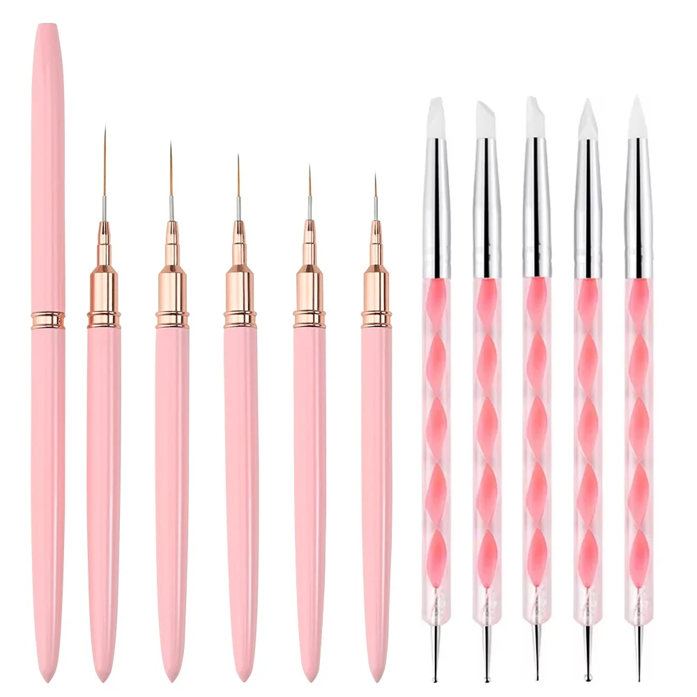 Conjunto de 10 Pincéis para Unhas: Kit de Pincéis de Silicone para Gel UV, Canetas para Desenho de Flores e Ferramentas para Pintura de Linhas Francesas