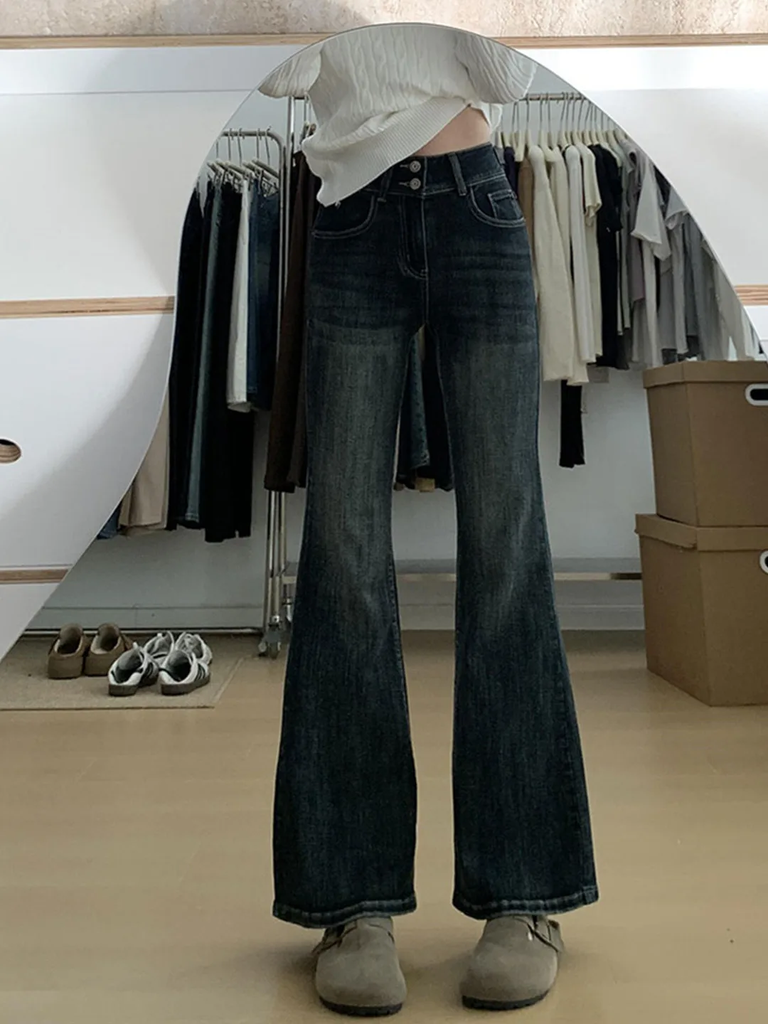 

High Waist Slimming Blue Grey Double Buckle Bell Bottom Jeans Women's Fashion Autumn Winter New Style Comfortable Not Tight L...