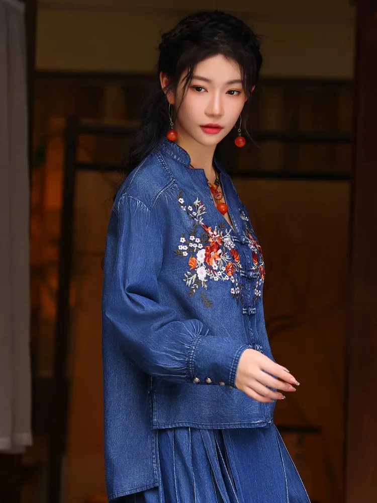 TIYIHAILEY Cotton Denim Women Full Sleeve Blouses Topsd Vintage Single Breasted Embroidery Shirts  2026 New Fashion Chinese