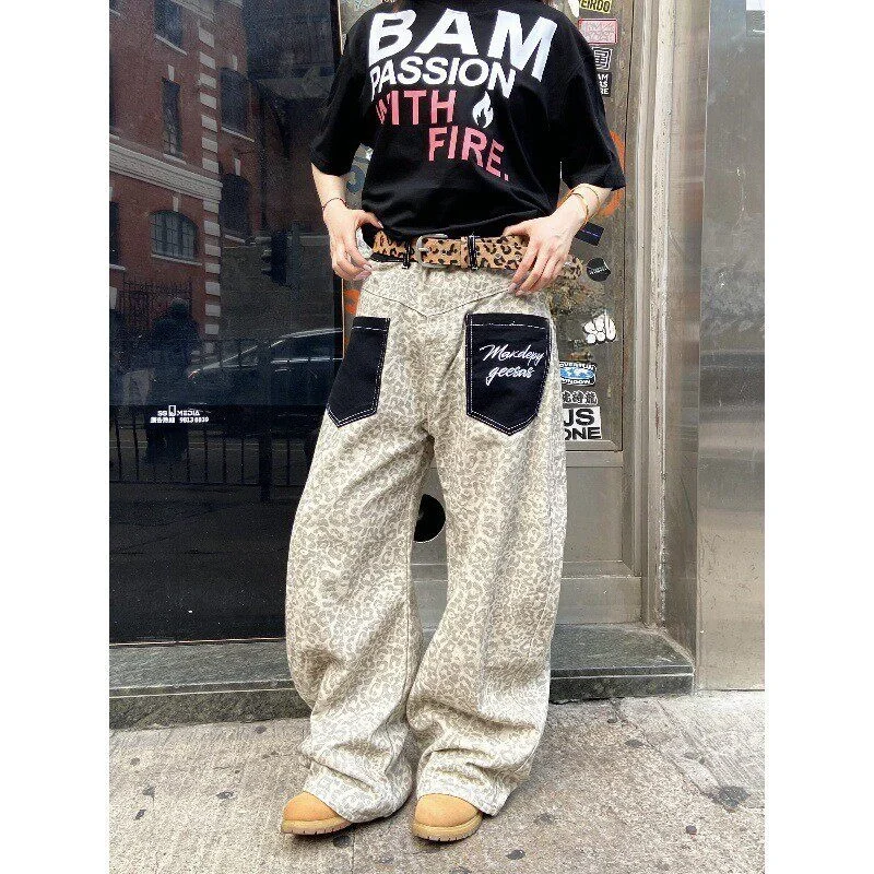 

Retro American Leopard Print Patchwork Embroidery Jeans Loose Wide Leg Casual Long Trousers for Men Comfortable Straight Cut