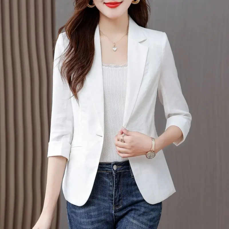 White Casual Lightweight Summer Jacket Women's Small Size Seven Sleeve Suit Top Thin New Style Elegant Fashionable Coat