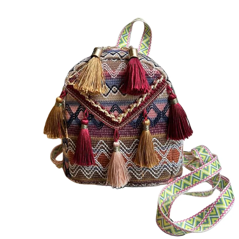 

Women Backpack, Trendy Ethnic Style Colorful Woven Tasseled Handbag Large Capacity Bag