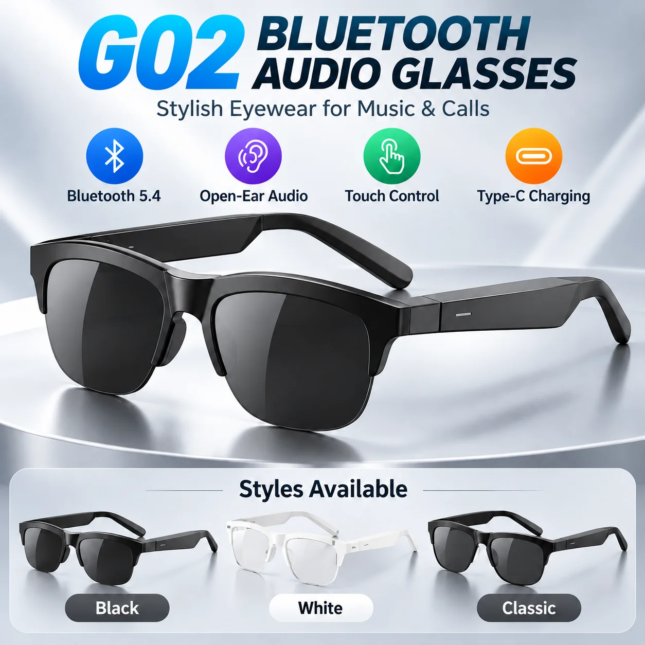 Smart Audio Glasses Touch Control - G02 Bluetooth 5.4対応、音声機能搭載スマートグラス。オープンイヤー型ワイヤレスサングラスで、タッチコントロールによるハンズフリー通話が可能。Type-C充電対応。男性向け。