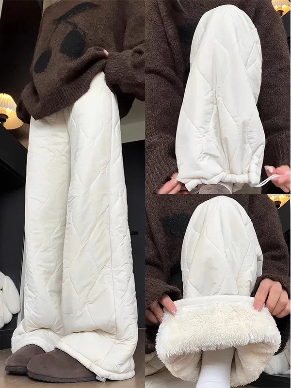 

plus Size Women's Fce Lined Thi Wide Leg Pants Autumn Winter Outerwear Warm Cotton Trousers with Dstring Elastic Waist