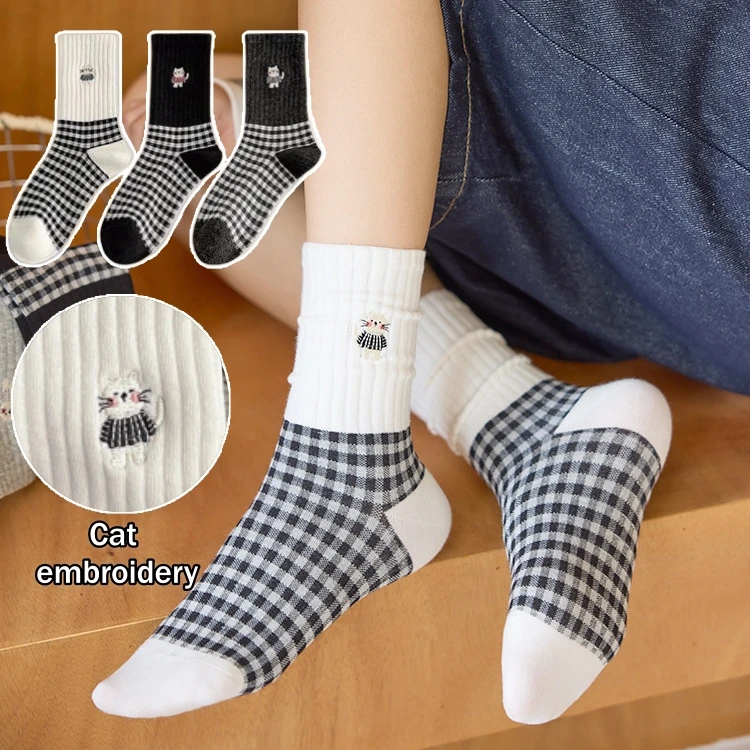 رمادي خمر منقوشة اليابانية الجوارب المدرسية للنساء منتصف العجل الكرتون القط الجوارب القطنية منتصف أنبوب الجوارب لخريف ربيع #1