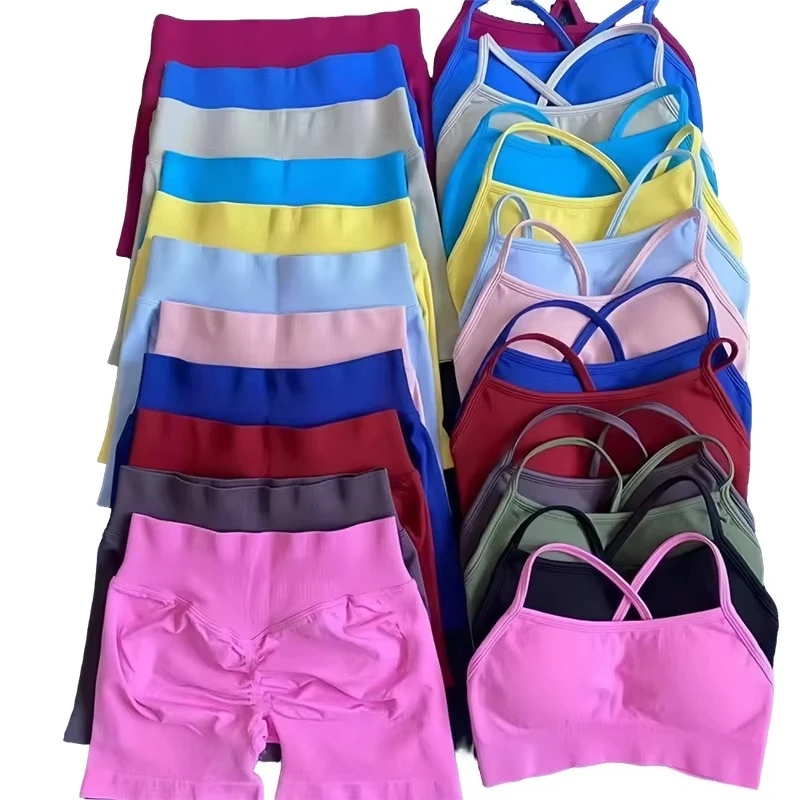 New Seamless Shorts Sets Shockproof Sexy Backless Bra High Waist Leggings Breathable Women's Tight Fitting Sports Gym Suits