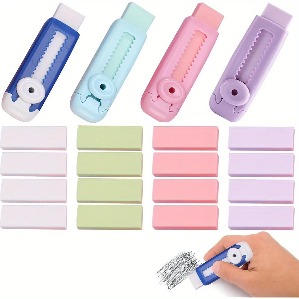 4-pack extendable pencil eraser set, made of soft rubber and PVC material, rectangular design, adjustable length