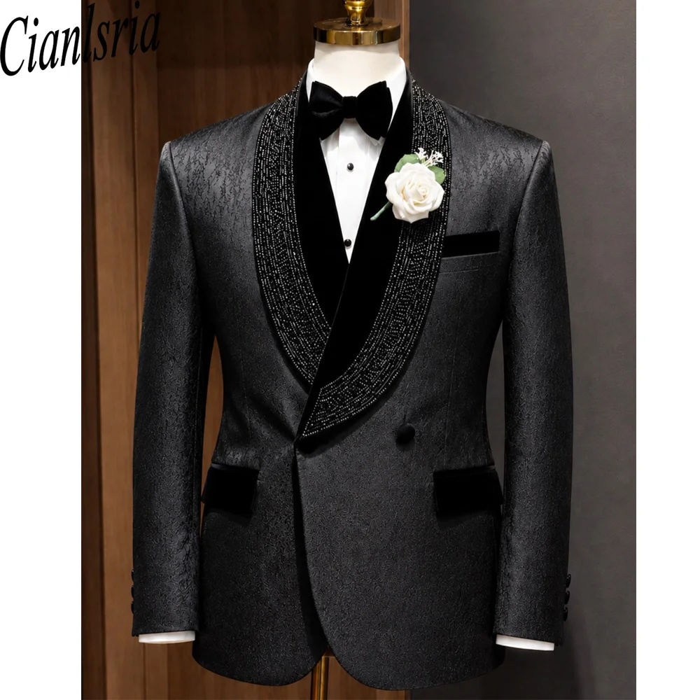 Men's Luxury Black Jacquard Tuxedo Blazer with Velvet Shawl Lapel and Crystal Rhinestone Trim Elegant Formal Suit Jacket