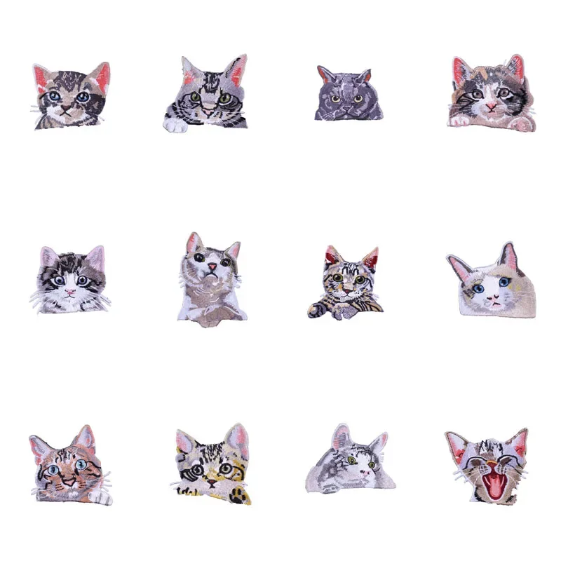 Embroidered Patch Iron On Patches for Clothing Pocket Cat Head Clothes Stickers Fabric Sewing Thermal Adhesive Applique Fusible