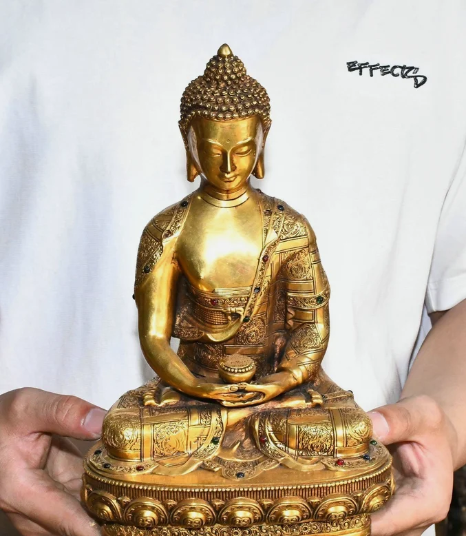 11'' Old Tibet Pure Bronze Gilt Shakyamuni Sakyamuni Amitabha Buddha Statue