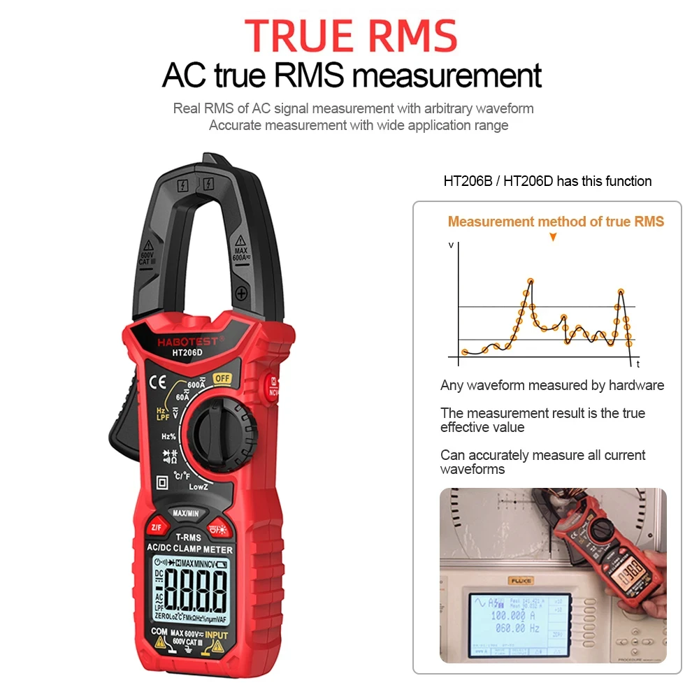 HT206 Digital Clamp Meter TRMS 6000 Counts Multimeter AC/DC Voltage Current NCV Resistance Continuity Temp Capacitance Tester