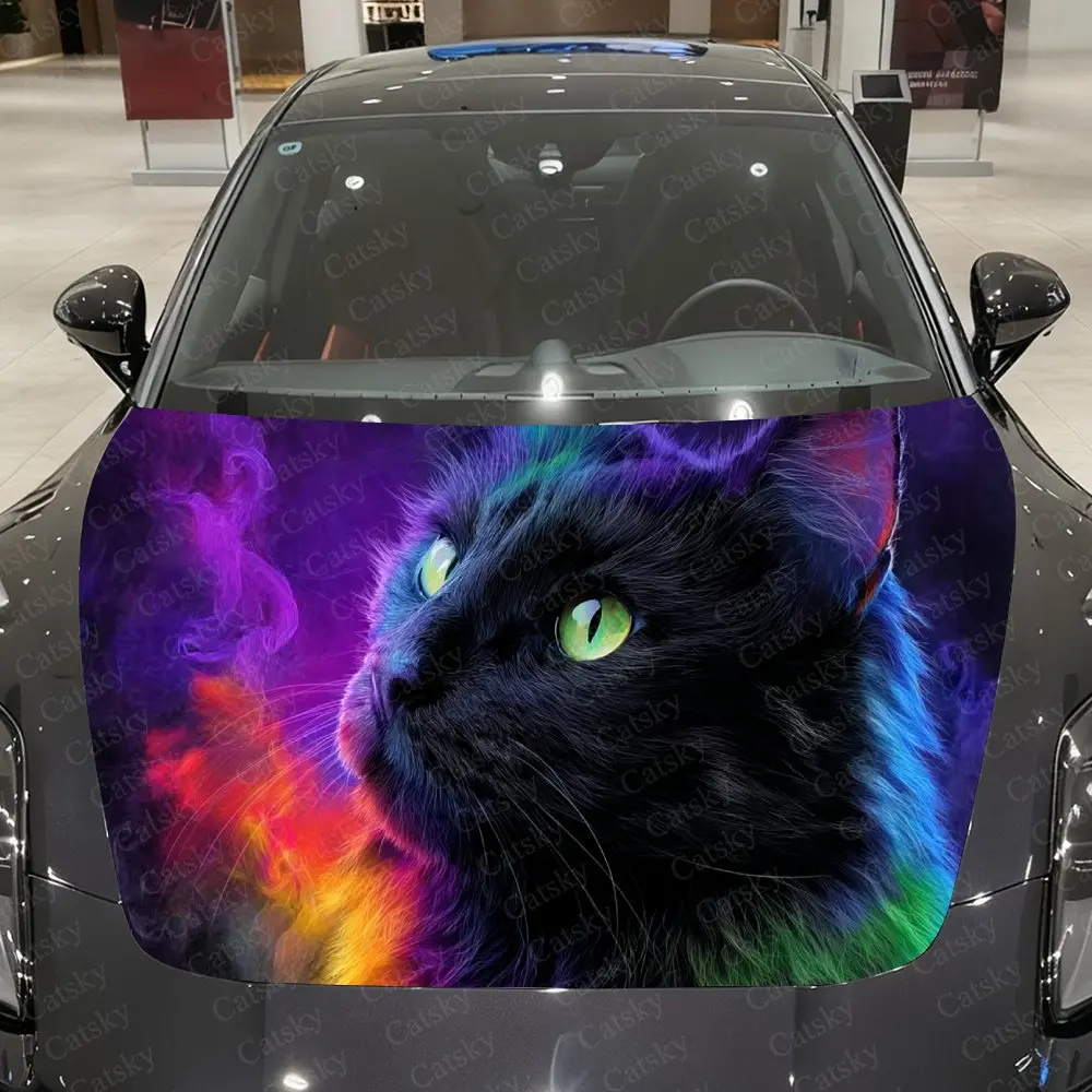 

Starry Flame Spirit Cat Car Vinyl Wrap, PVC Material Waterproof Car Hood Sticker, Self-Adhesive Scratch-Resistant Stickers for E