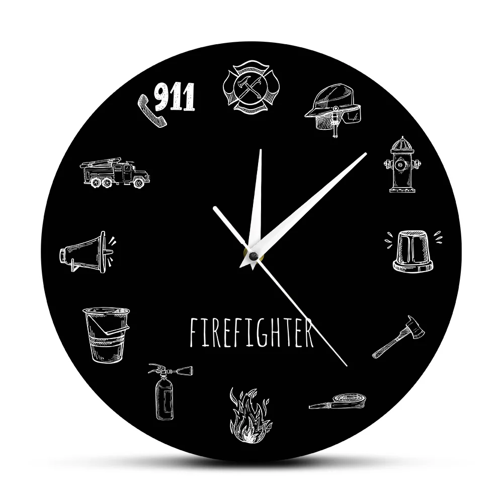 Firefighter Tools Black Round Modern Wall Clock Firement Equipments Hand Drawing Decorative Wall Clock Fire Department Wall Art