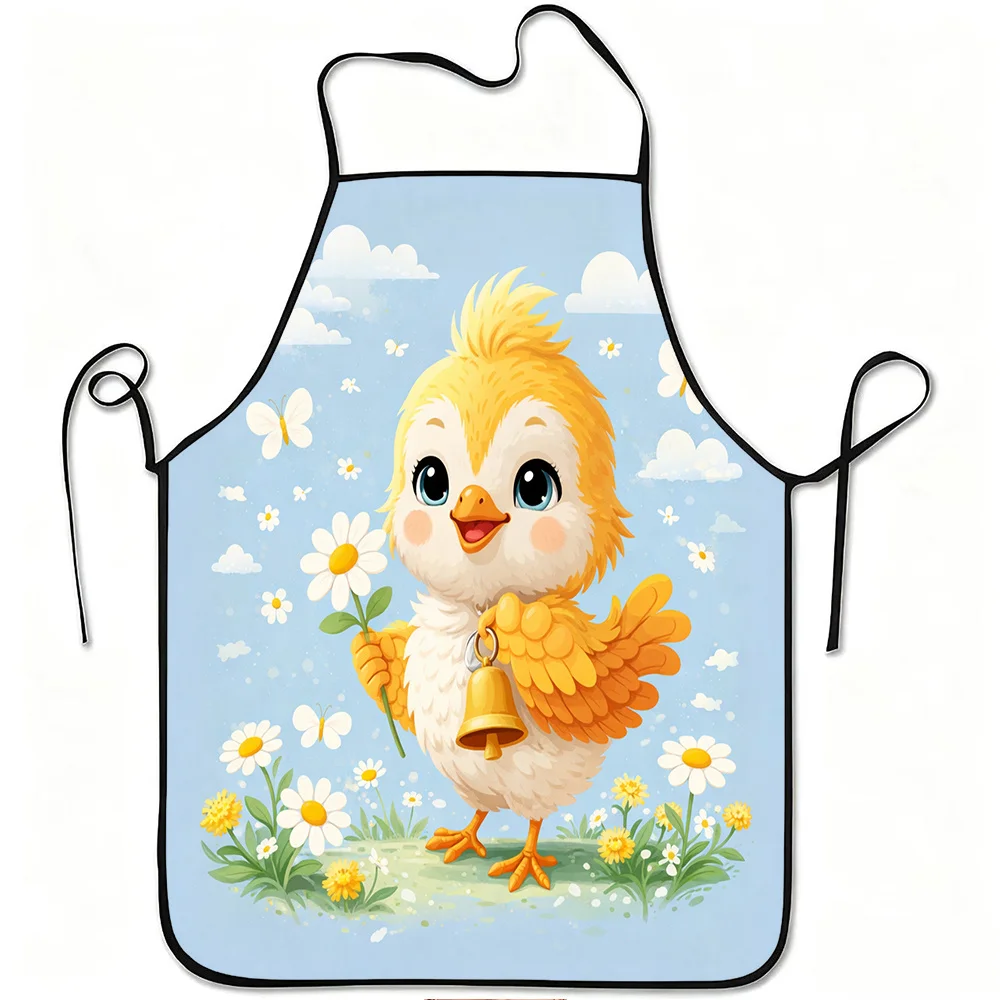 

Cute Chick Holding Flower Apron Spring Easter Kitchen Cooking Baking Gift For Kids Animal Lover Chef Wear Pastel Cartoon Design