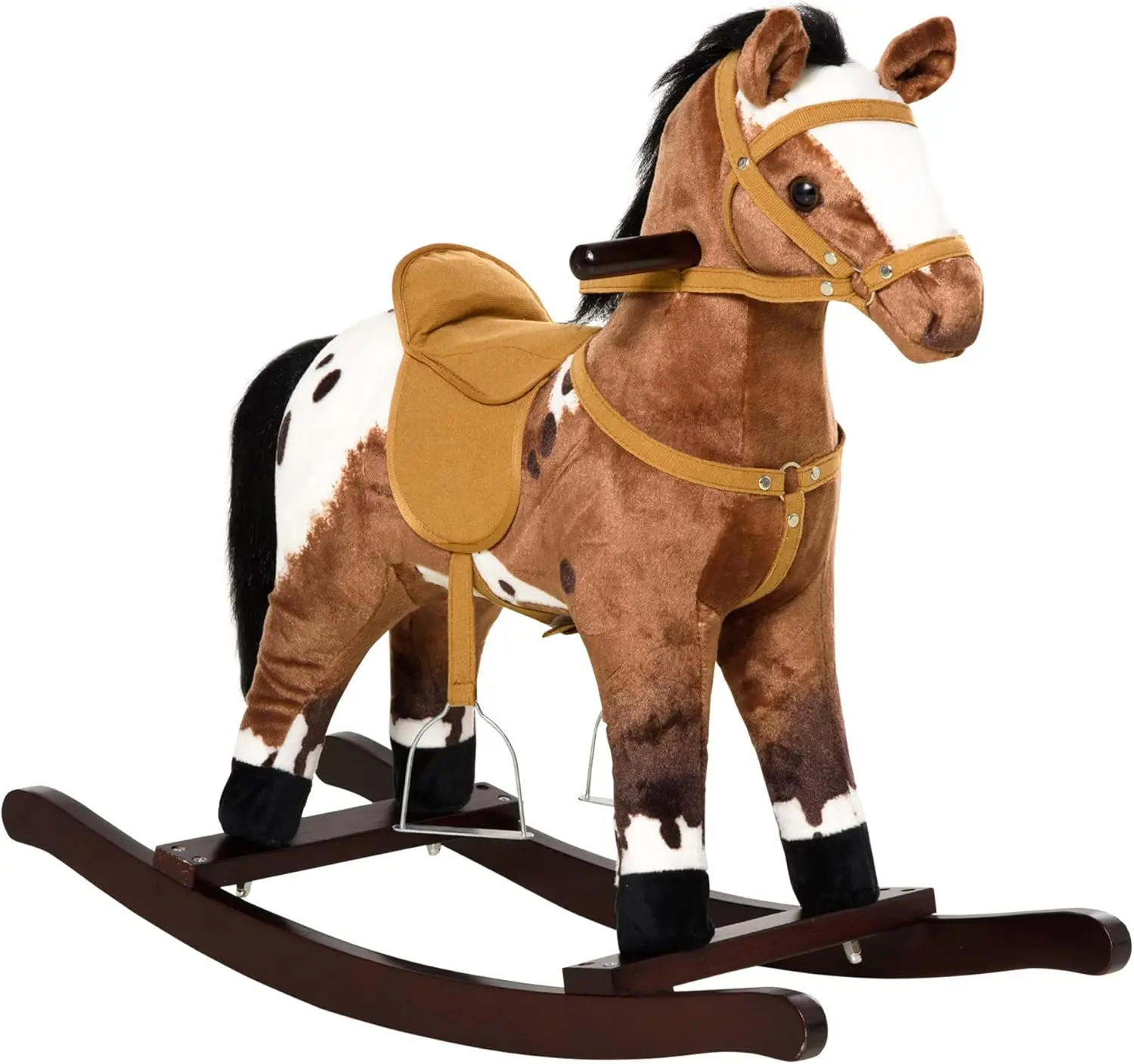 

Qaba Kids Wooden Plush Ride-On Rocking Horse Chair Toy with Realistic Sounds Dark Brown/White