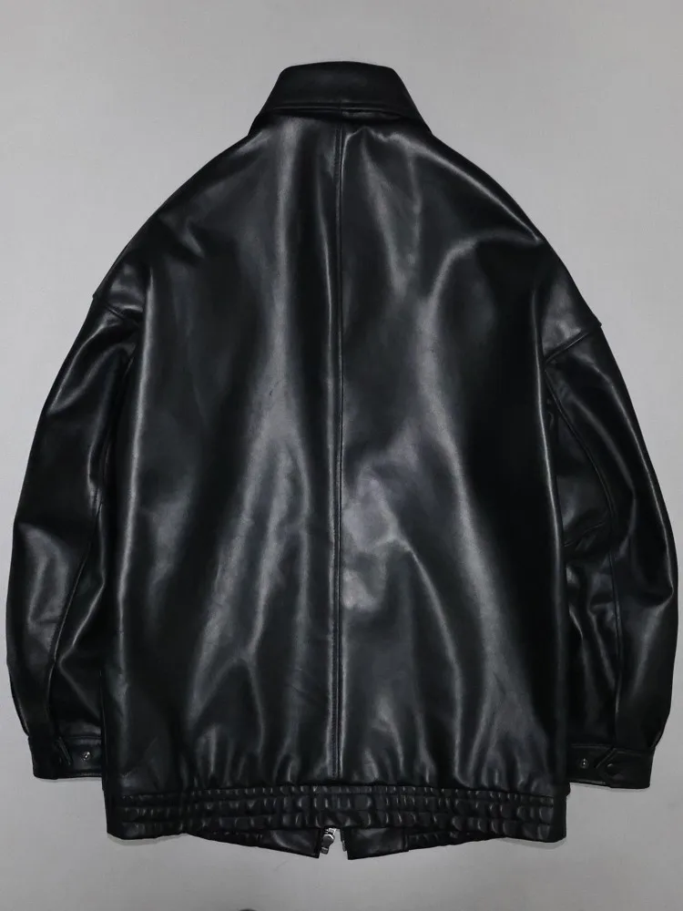 Giacca Primaverile da Donna in Vera Pelle, Colletto Rovesciato, Vestibilità Ampia, Casual, Moda Ufficio, Cappotto Morbido in Pelle di Pecora Nera