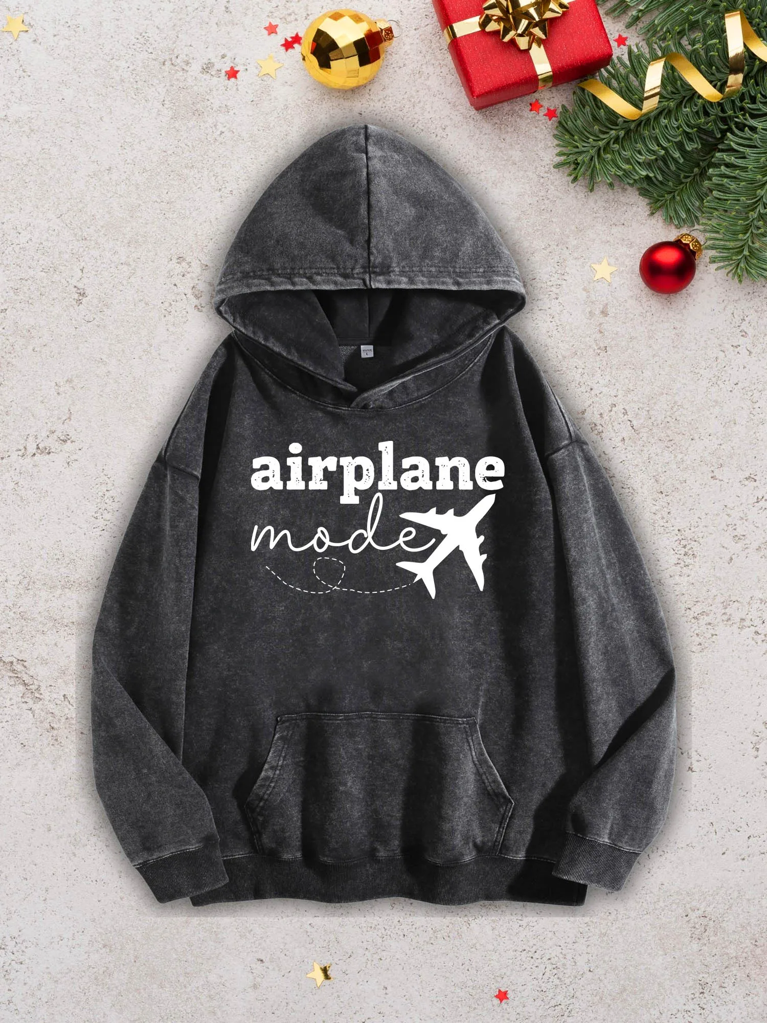 

Airplane Mode on Men's Heavyweight Hoodie - Acid Wash Retro Black Pullover, Fall & Winter Sweatshirt 400Gsm