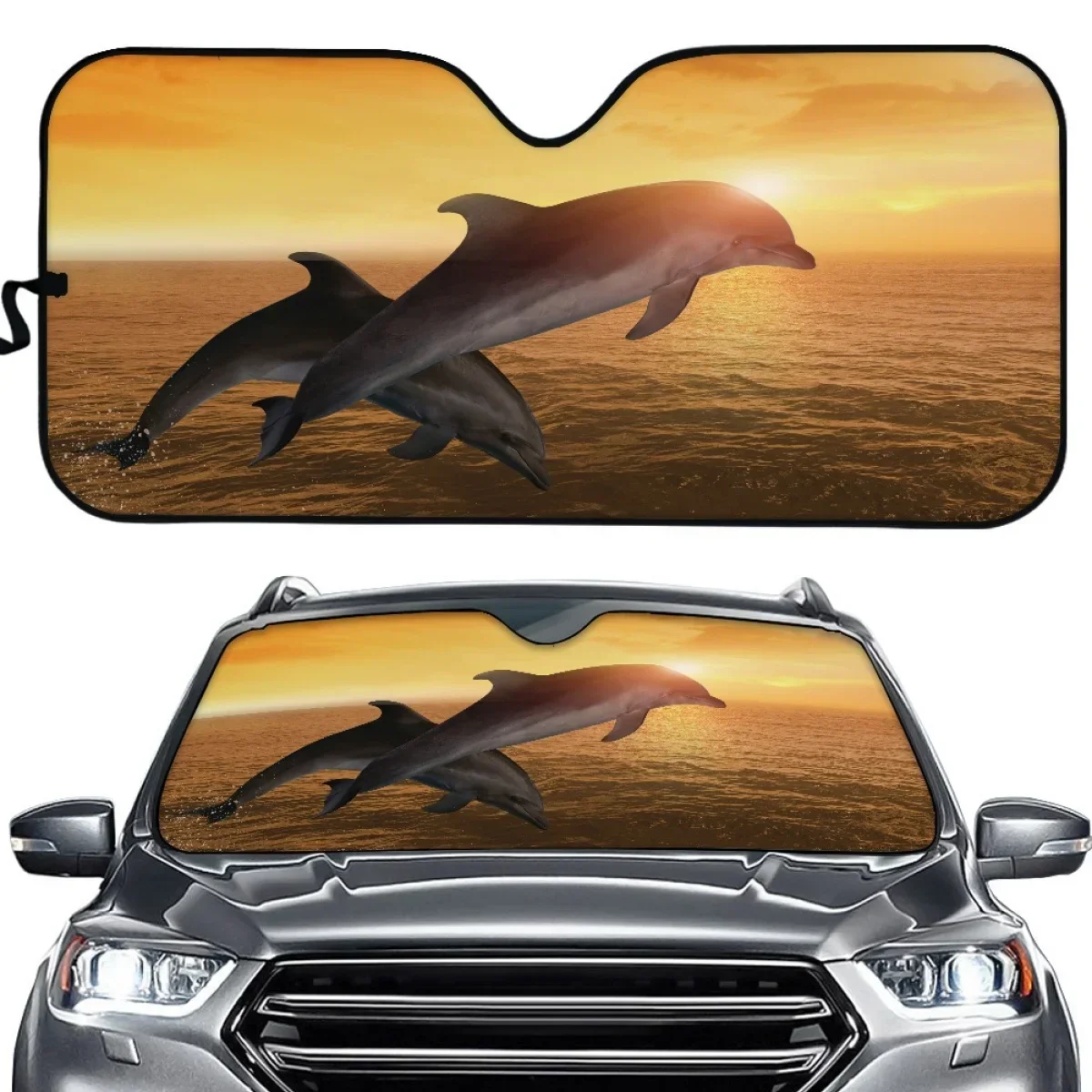 INSTANTARTS 3D Dolphin Leap and Sunset Design Foldable Car Sun Visor Large Size Universal Auto Car Windshield Sunshade Hot Sales