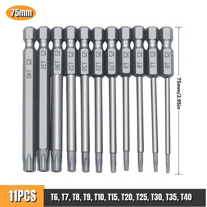 11 Pcs 75/100mm Tamper Proof Security Drill Magnetic Bit Set Torx Screwdriver Flat Head 1/4