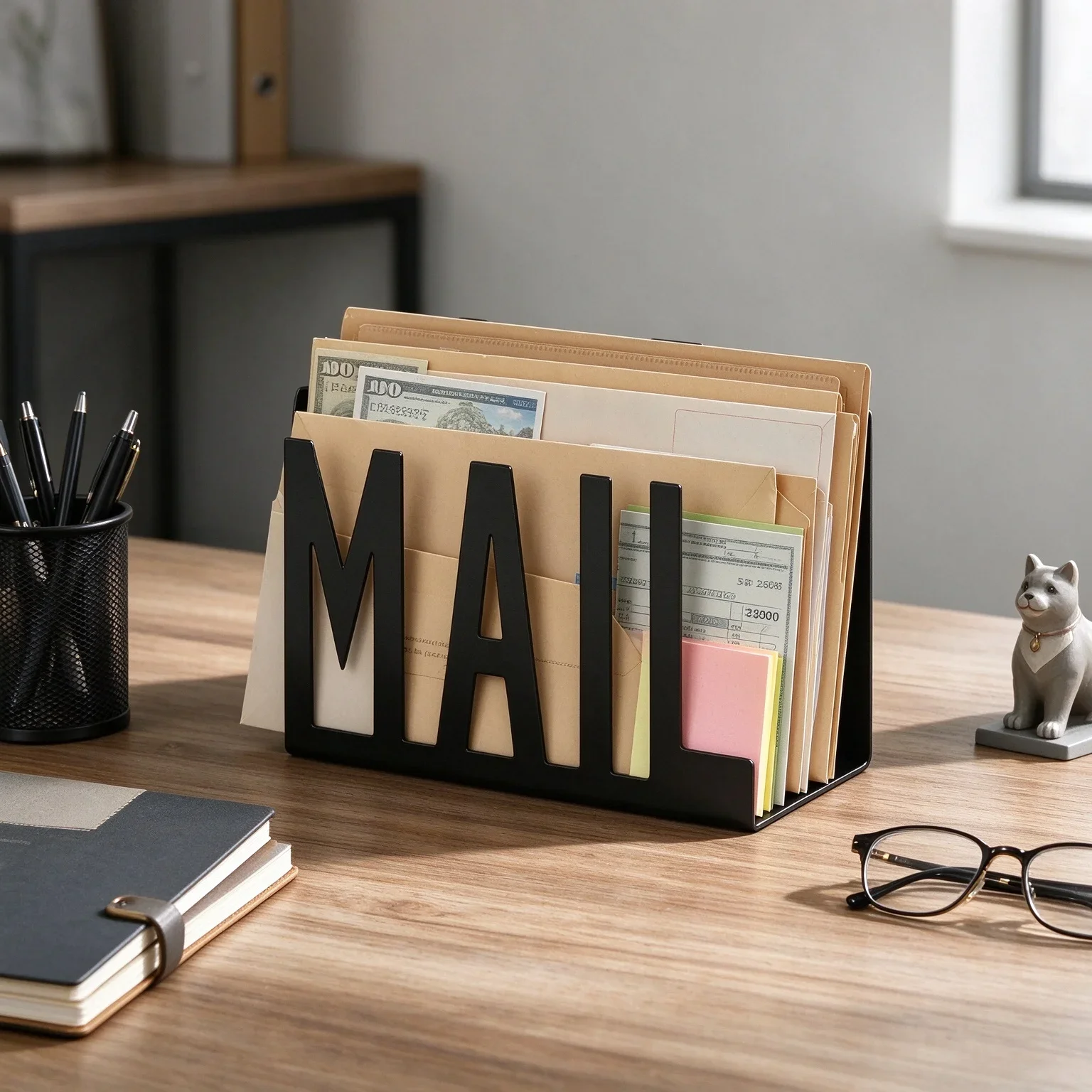 Countertop Mail Holder,Metal Letter Holder for Desk,Black One-Piece No Fold Mail Organizer with Front Cutout MAIL Lettering for Office Desktop,Sturdy Metal Storage Rack to Sort Envelopes,Letters,Bills,Invoices,Documents,Keep Desktop Tidy for Home