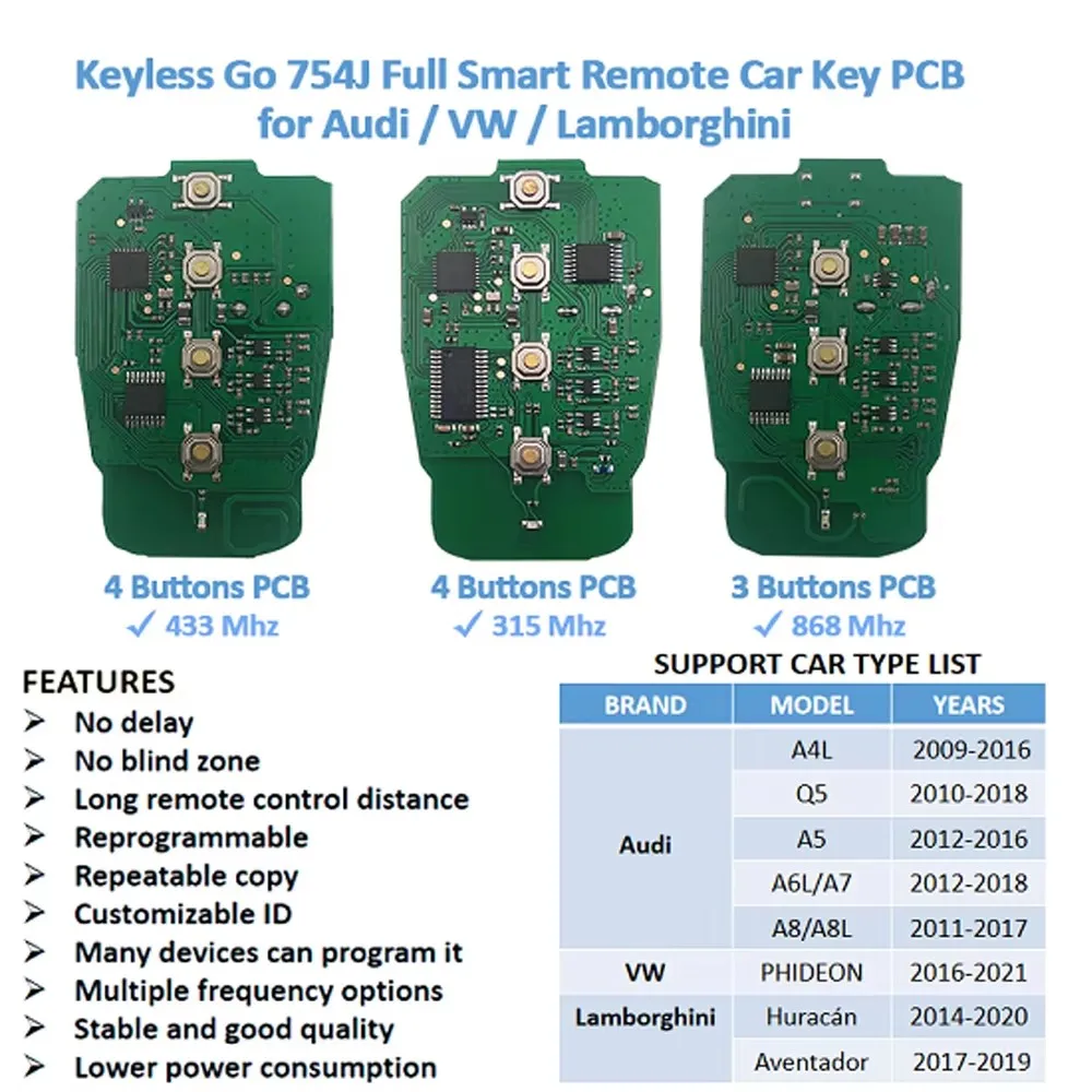 JINGXIN Car Remote Control Key For Audi A4 A5 A6 A7 A8 8T0959754F 8T0959754J 315MHz 434MHz 868MHz Keyless Go Promixity Card