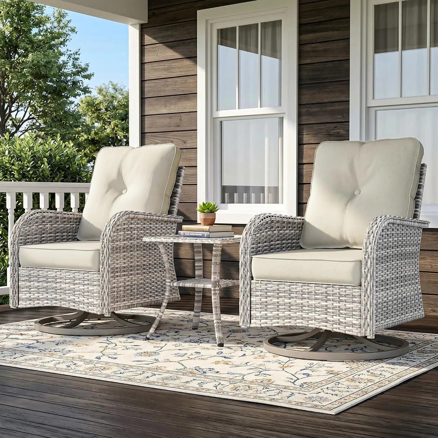 Small Patio Set 3-Piece Swivel Rocking Wicker Chairs & Glass Side Table Outdoor Bistro Balcony Deck, Customized