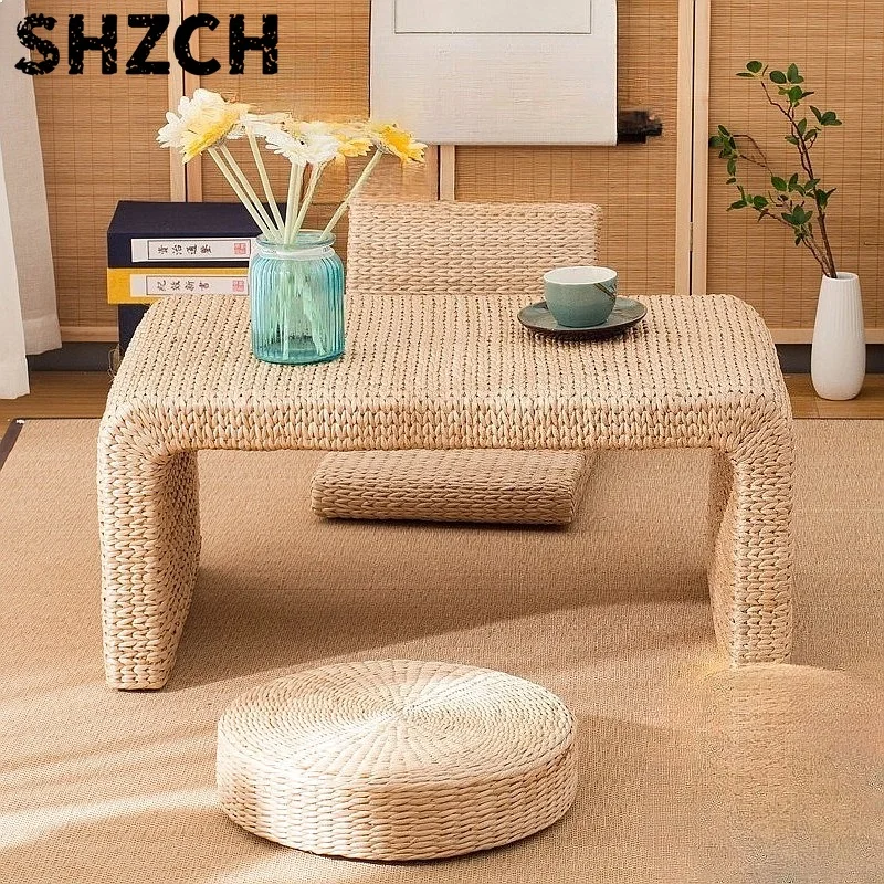 Japanese Tatami Tea Table Handwoven Rattan Floor Desk Minimalist Zen Low Coffee Sofa Table
