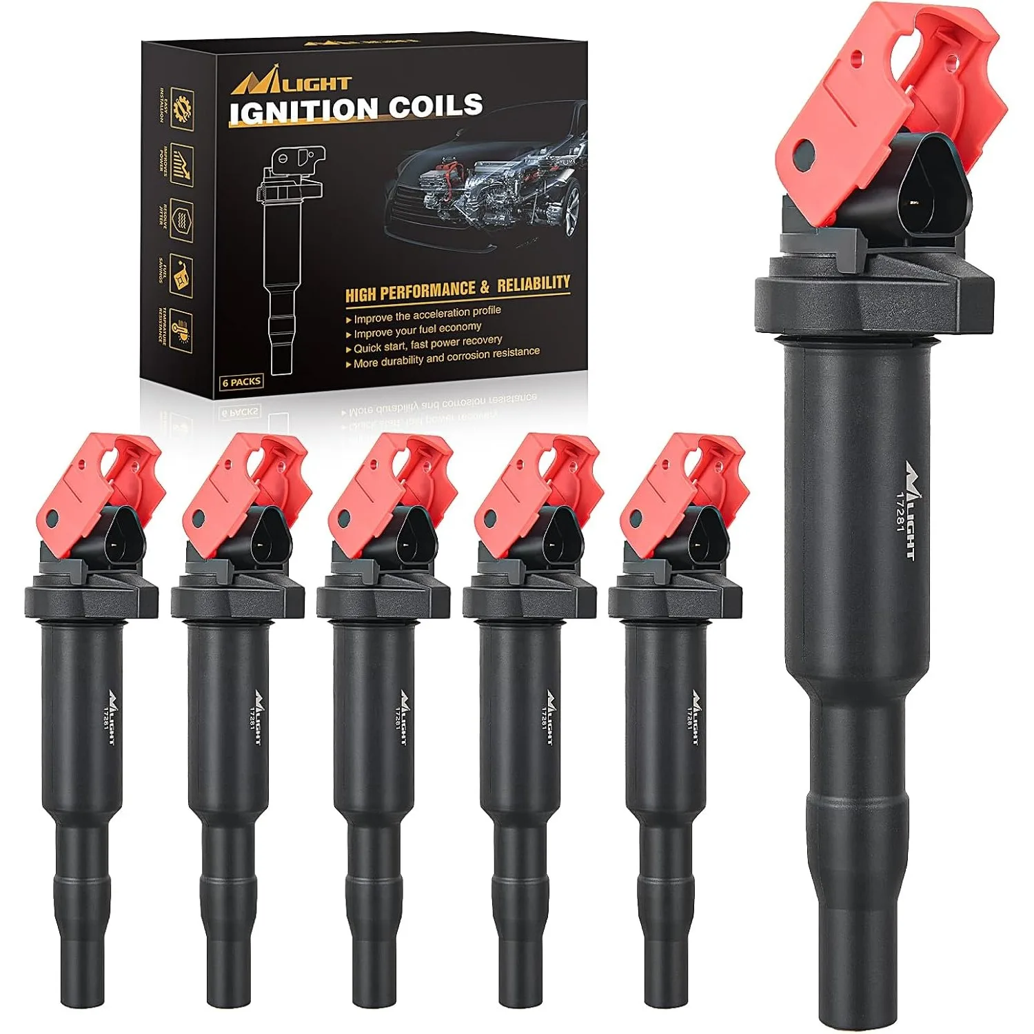 Nilight Ignition Coil UF592 C1638 Automotive Replacement Ignition Coils Fit for BMW 325i 325Ci 328i 330Ci 335i 525i 528i 530i 535i 545i 745Li X3 X5 M5 M6 Z4-2.5 3.0 4.4 4.8L Engine 0221504470-6 Pack