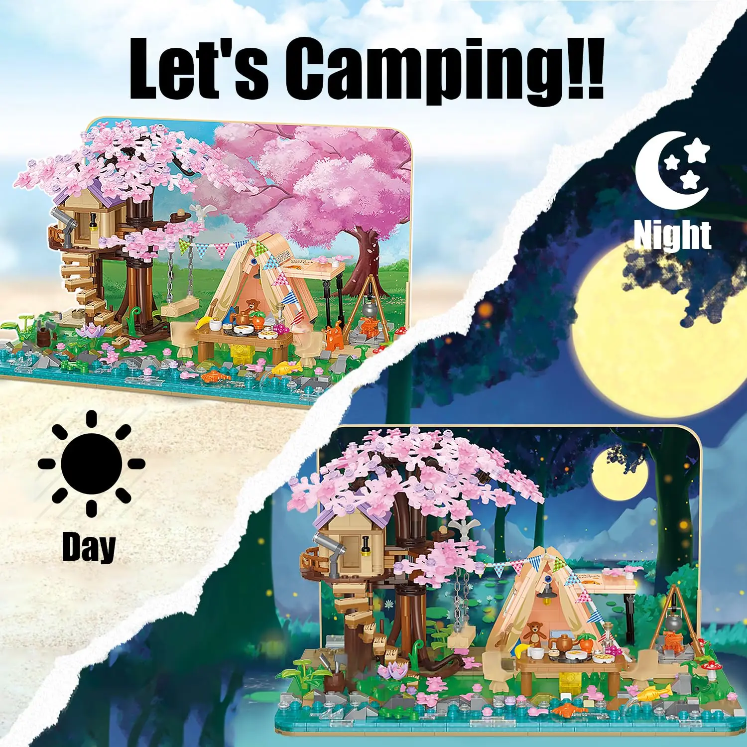 1265 Stück Kirschblüte Baumhaus Bausteine Sakura Baumhaus Camping Zelt Modell Ziegel mit leichten Kinder DIY Spielzeug Geschenke gesetzt