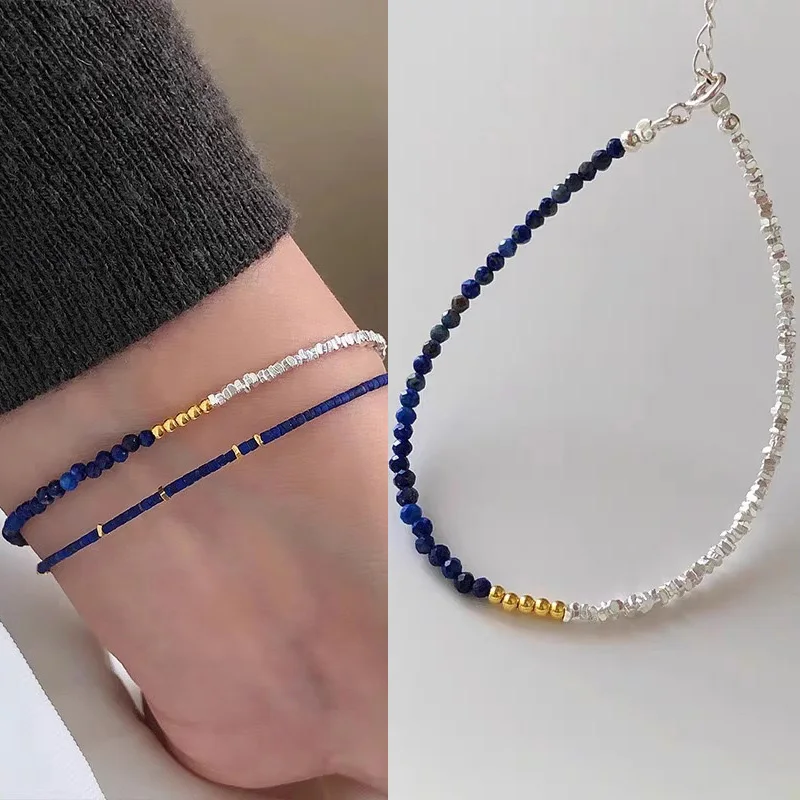 

S925 Sterling Silver Adjustable Lapis Lazuli Paired With Crushed Silver Simple Irregular Bracelets Girl Fine Jewelry Wholesale