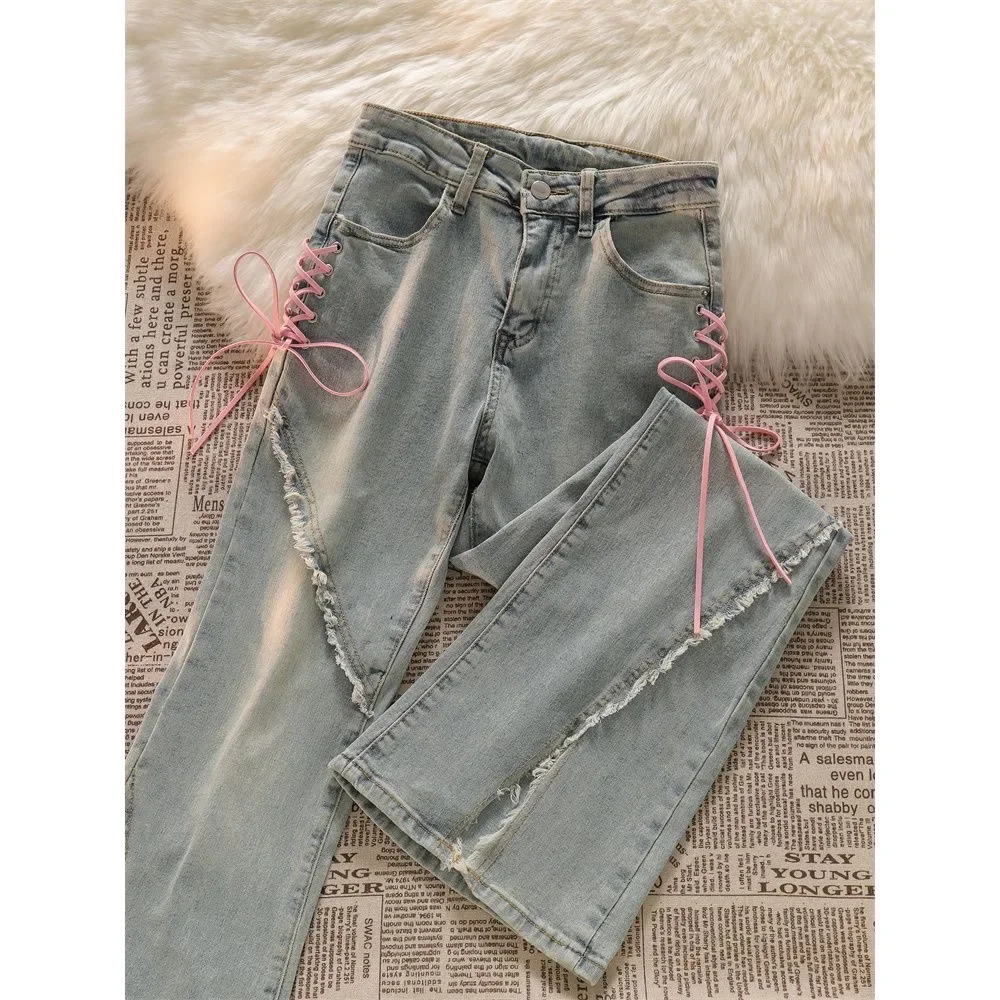 Women Jeans Korean Retro Tassel Split Flared Pants Casual All Match Female High Waist Straight Denim Trousers