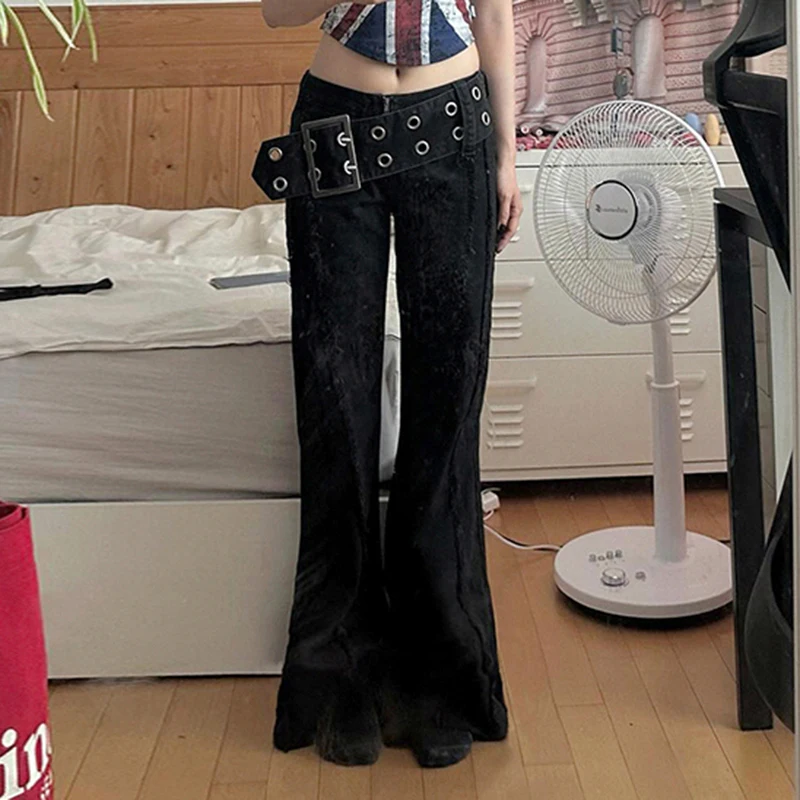 HEYounGIRL Gothic Style Wide Waistband Flare Jeans High Street Y2K Retro Fashion Denim Pants Black Casual Punk Boot Cut Trousers