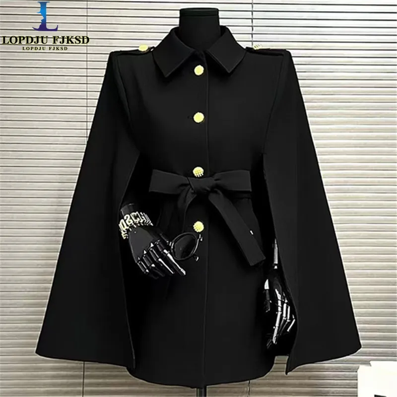 Фото Свободный демисезонный новый плащ-накидка без рукавов, черный, длинный, в английском стиле, однобортный, для женщин, 2026