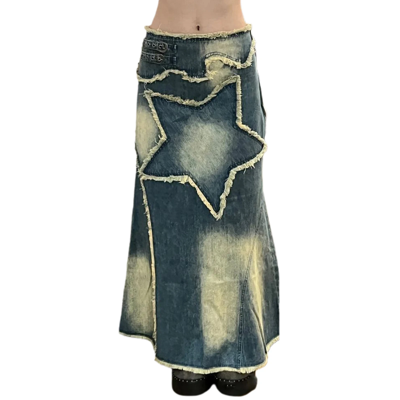 2025 Spring  Retro Five-Pointed Star Stitching Women's Denim Skirts Fashion Ladies  Casual Slim A-Line Summer Vintage Long Skirt