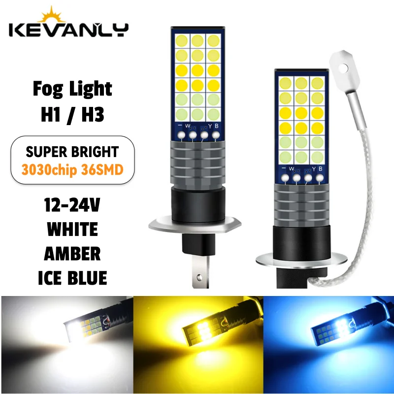 KEVANLY 2Pcs 3-Color H1 Led Fog Light H3 3030 LED 36SMD White Amber IceBlue Fog Lamps Car Headlight Bulbs 12V