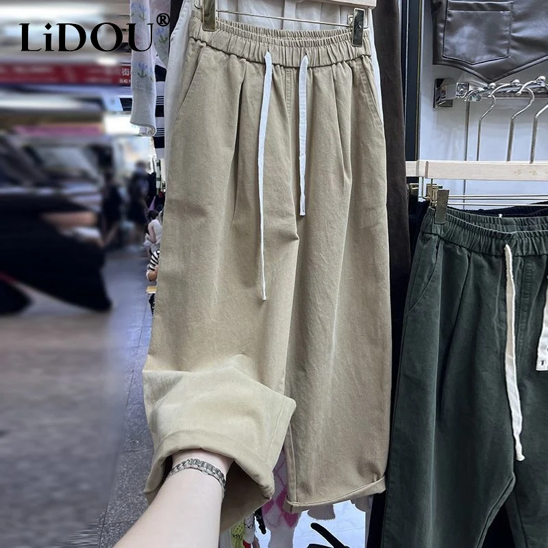 

2023 Spring Autumn New Solid Color Fashion Loose Straight Pants Woman Japanese Style Vintage Comfortable Lacing Wide Leg Trouser